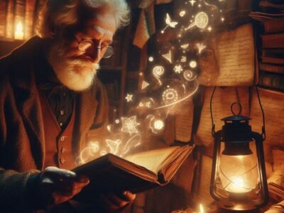 "Elderly man reading an ancient leather-bound storybook by lantern light, surrounded by magical floating illustrations, in a cozy dimly lit room filled with old books."